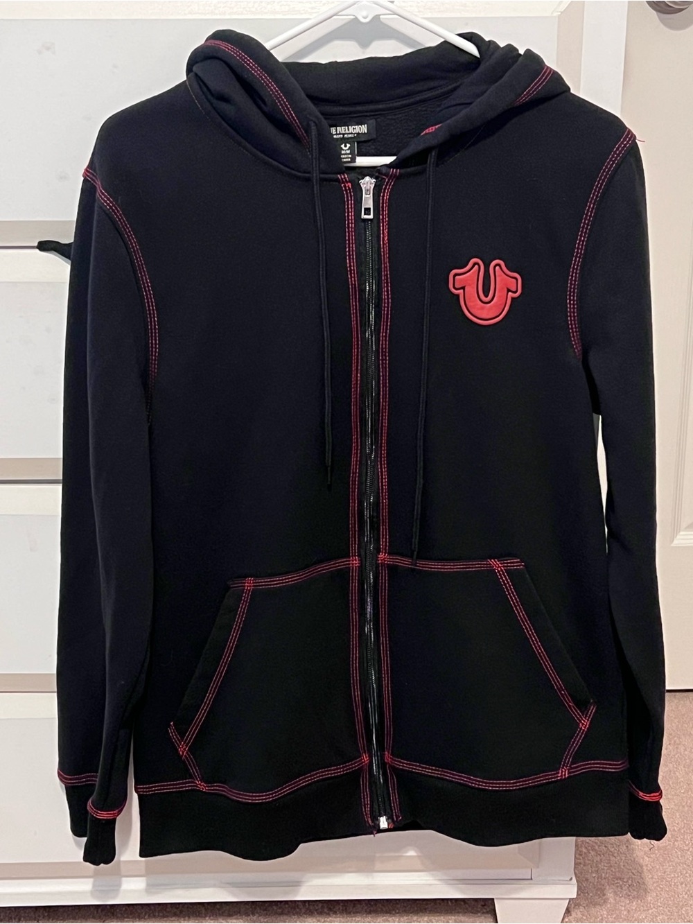 True Religion Black Hoodie with Red Contrast Stitching